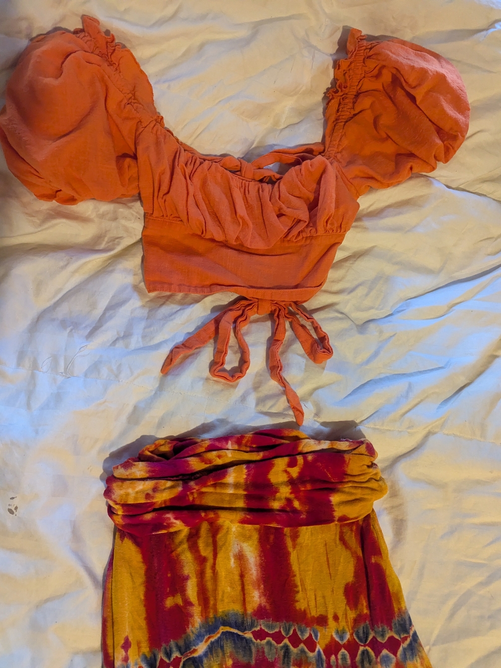 2 FOR 1!!! India Boutique Orange Puff-Sleeve Crop Top with Tie-Dye Skirt Set